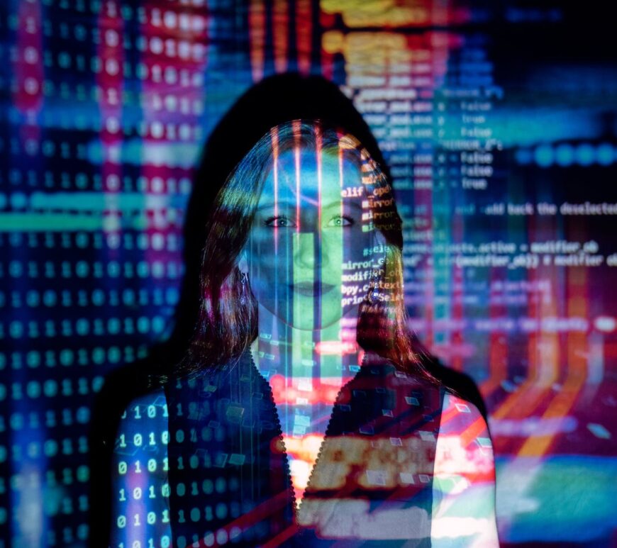 code projected over woman